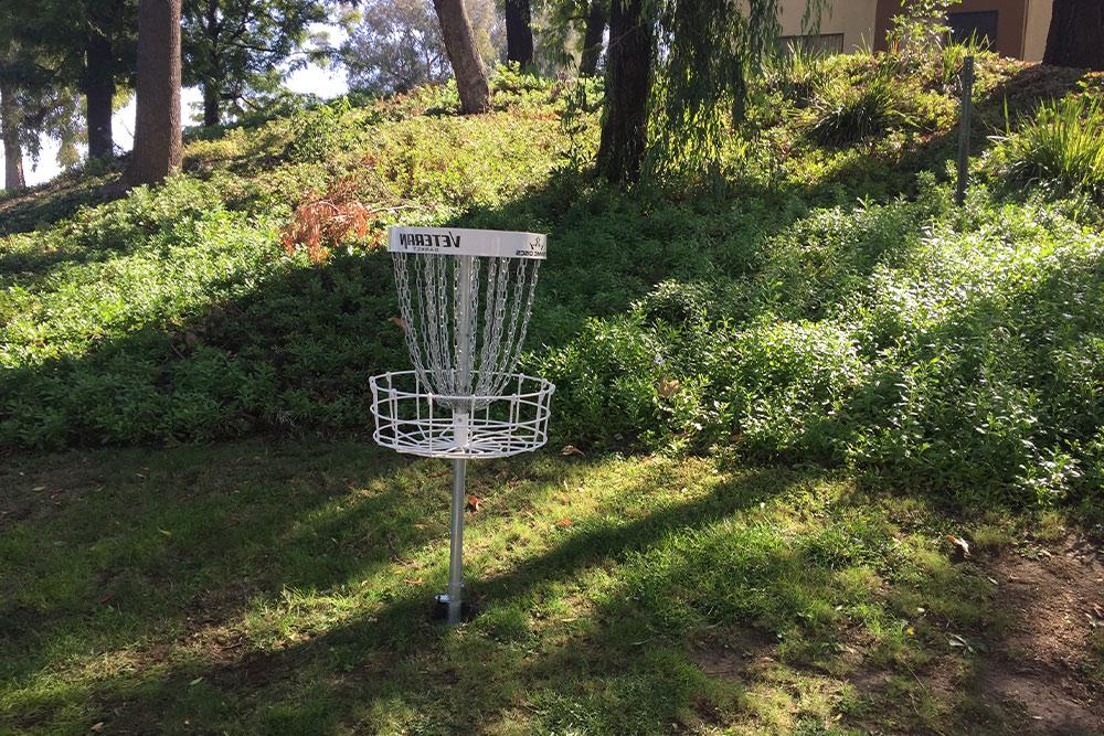 Disc golf basket on campus