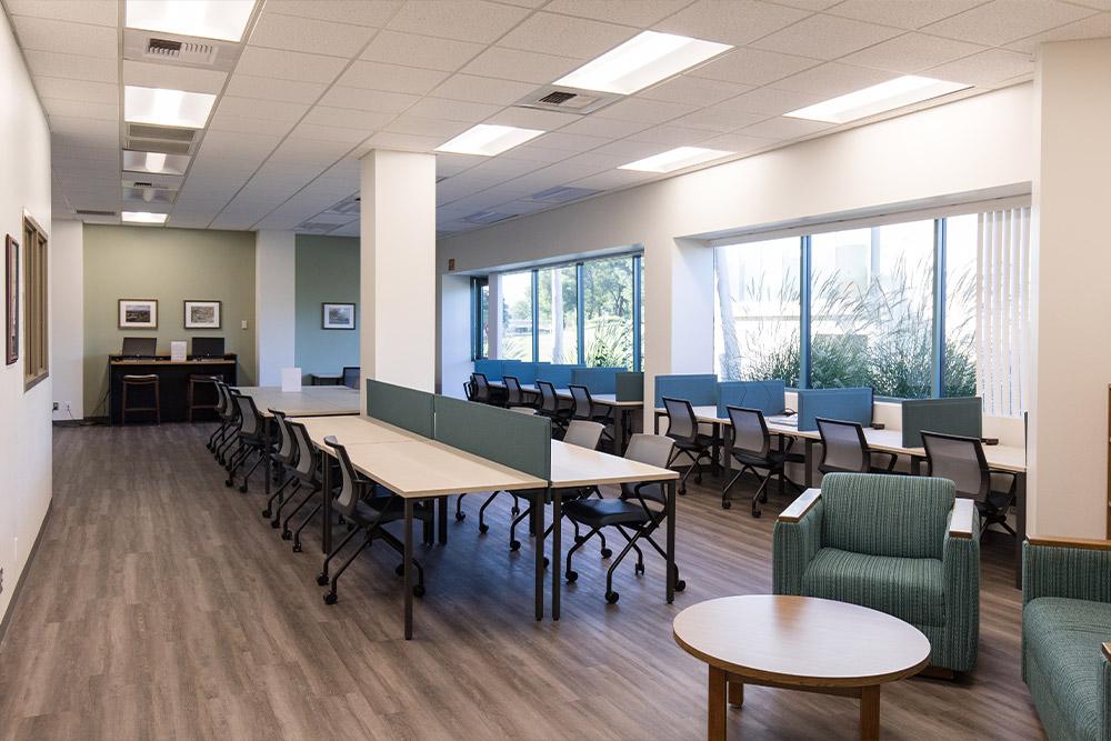 Research and study desks on the upper floor of the main library