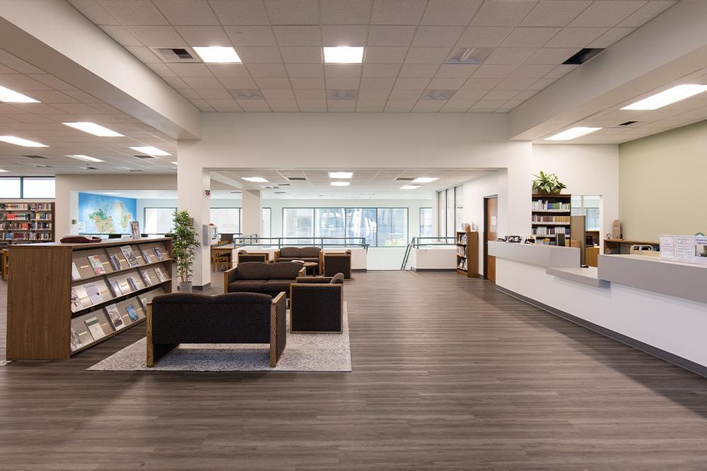 The upper floor of the main library and circulation desk